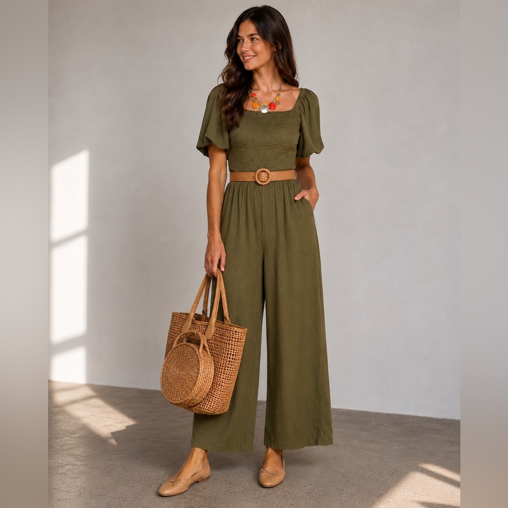 Angashion Olive Green Smocked Jumpsuit size medium